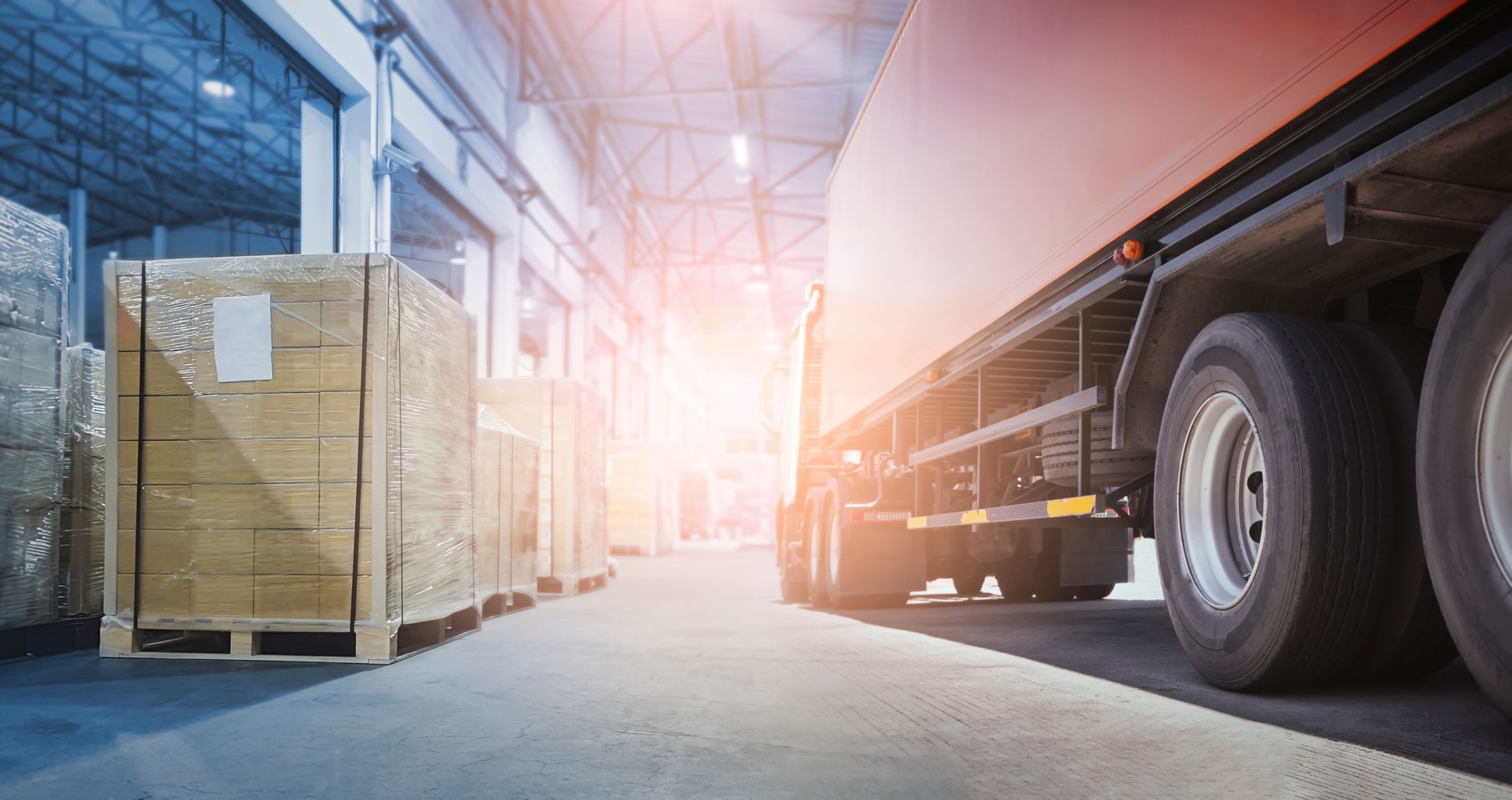 Industrial Business Cargo Freight Truck Transport and Logistics. Trailer Truck Loading package Boxes at The Warehouse. Delivery, Shipment Boxes.